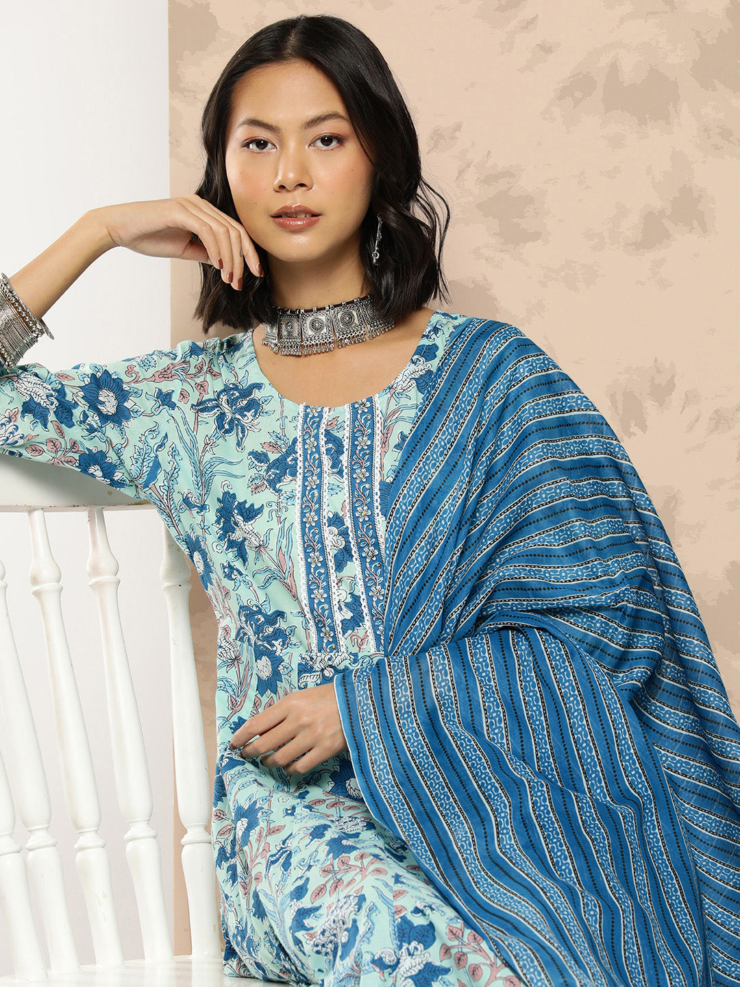 Women's Sky Blue Floral Anarkali Kurta Trouser And Dupatta Set