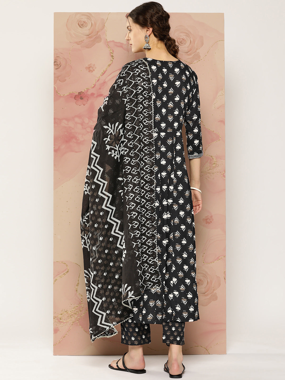 Women's Black Ethnic Motifs Anarkali Kurta Trouser And Dupatta Set