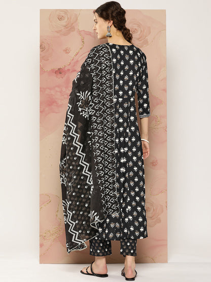 Women's Black Ethnic Motifs Anarkali Kurta Trouser And Dupatta Set