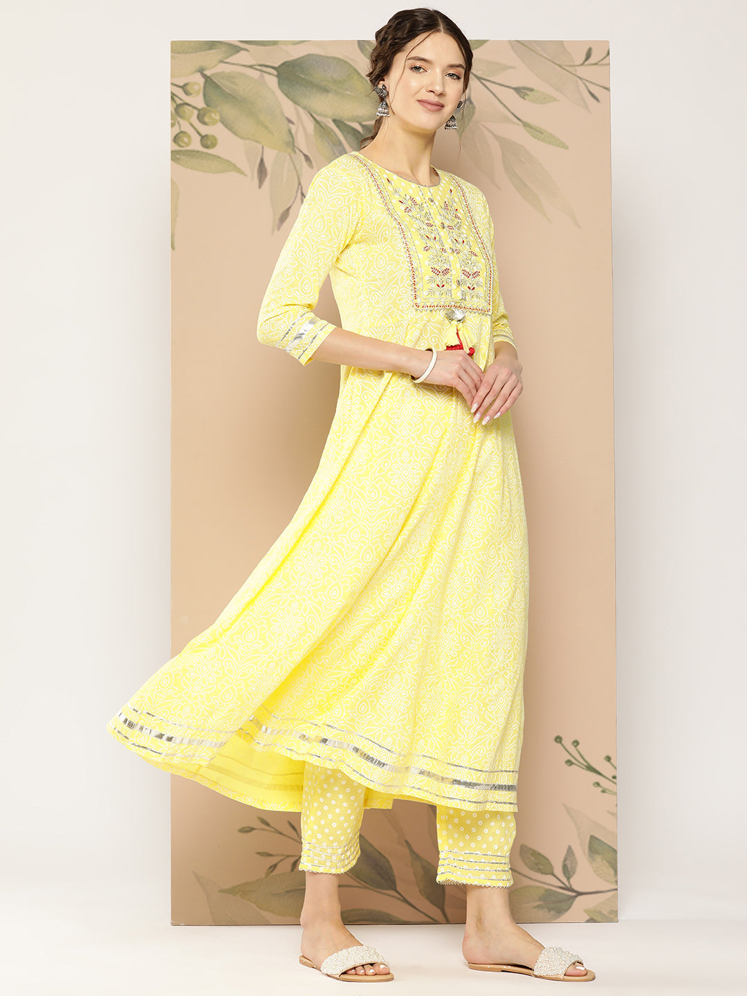 Women's Yellow Ethnic Motifs Anarkali Kurta Trouser And Dupatta Set