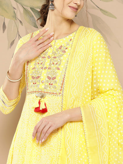 Women's Yellow Ethnic Motifs Anarkali Kurta Trouser And Dupatta Set