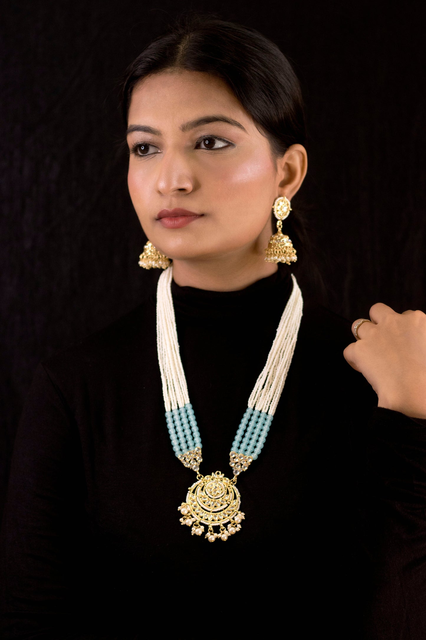 Women's Gold Plated Turquoise Ethnic Kundan Pearl Studded Long Necklace Set