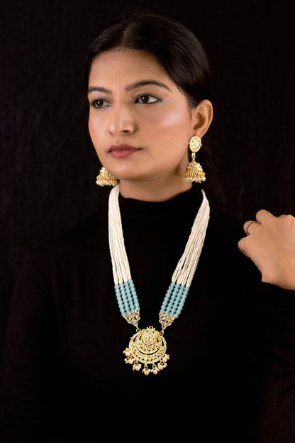 Women's Gold Plated Turquoise Ethnic Kundan Pearl Studded Long Necklace Set