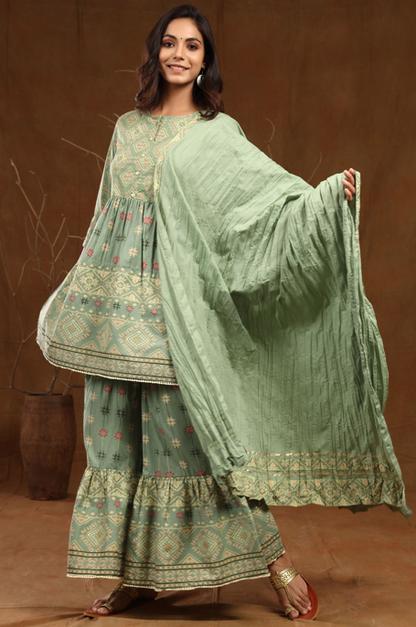 Women's Cambric Printed Flared Tunic Sharara Dupatta Set