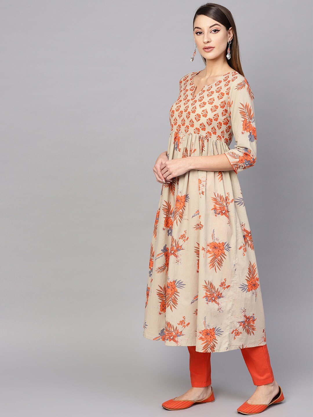Women's  Beige & Orange Floral Printed A-Line Kurta