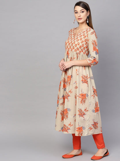 Women's  Beige & Orange Floral Printed A-Line Kurta