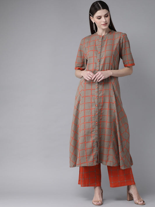 Women's  Grey & Orange Checked Kurta with Palazzos