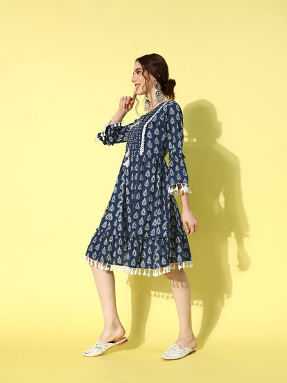 Women's Blue Ethnic Motifs A-Line Dress