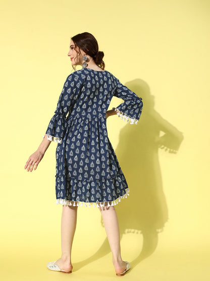 Women's Blue Ethnic Motifs A-Line Dress