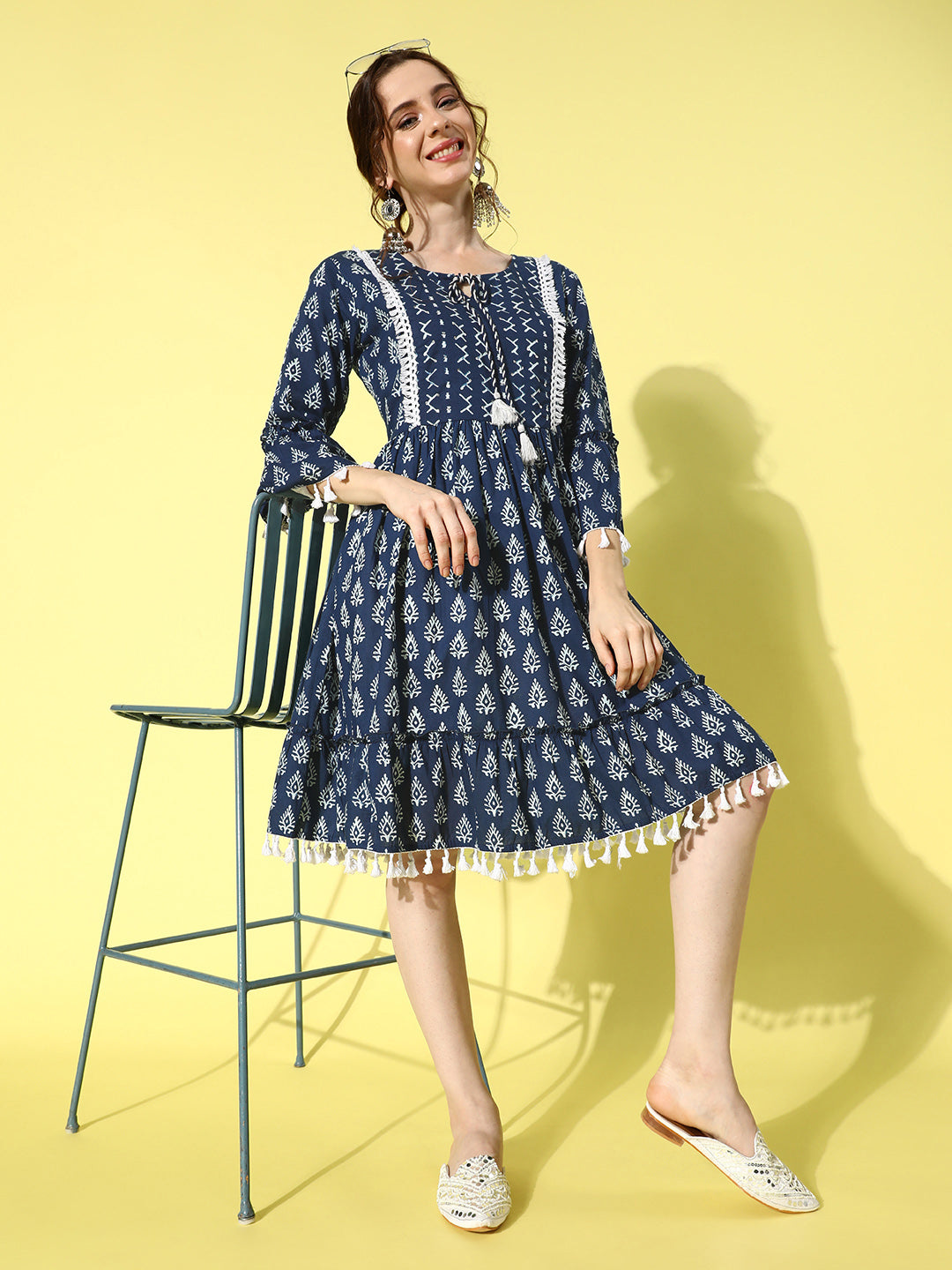 Women's Blue Ethnic Motifs A-Line Dress