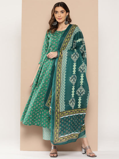 Women's Green Floral Anarkali Kurta Trouser And Dupatta Set
