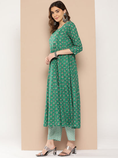 Women's Green Floral Anarkali Kurta Trouser And Dupatta Set