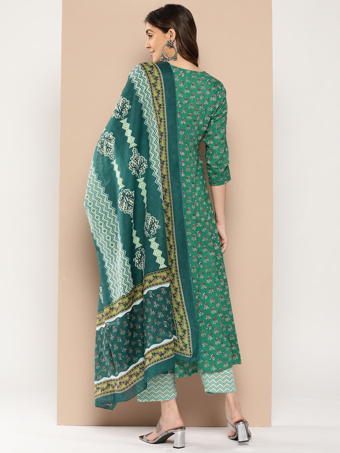 Women's Green Floral Anarkali Kurta Trouser And Dupatta Set