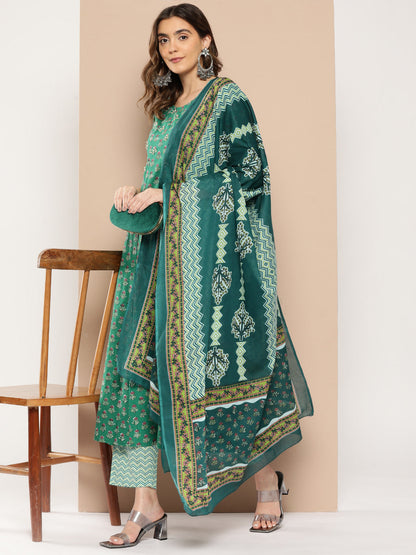 Women's Green Floral Anarkali Kurta Trouser And Dupatta Set