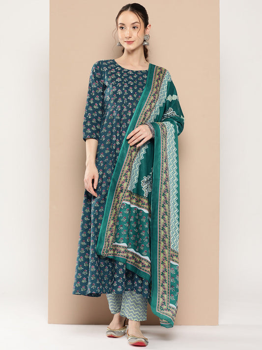 Women's Teal Green Floral Anarkali Kurta Trouser And Dupatta Set