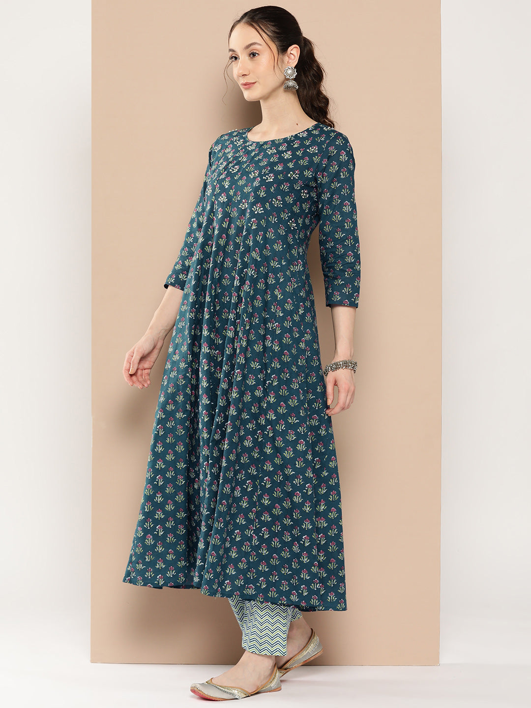 Women's Teal Green Floral Anarkali Kurta Trouser And Dupatta Set