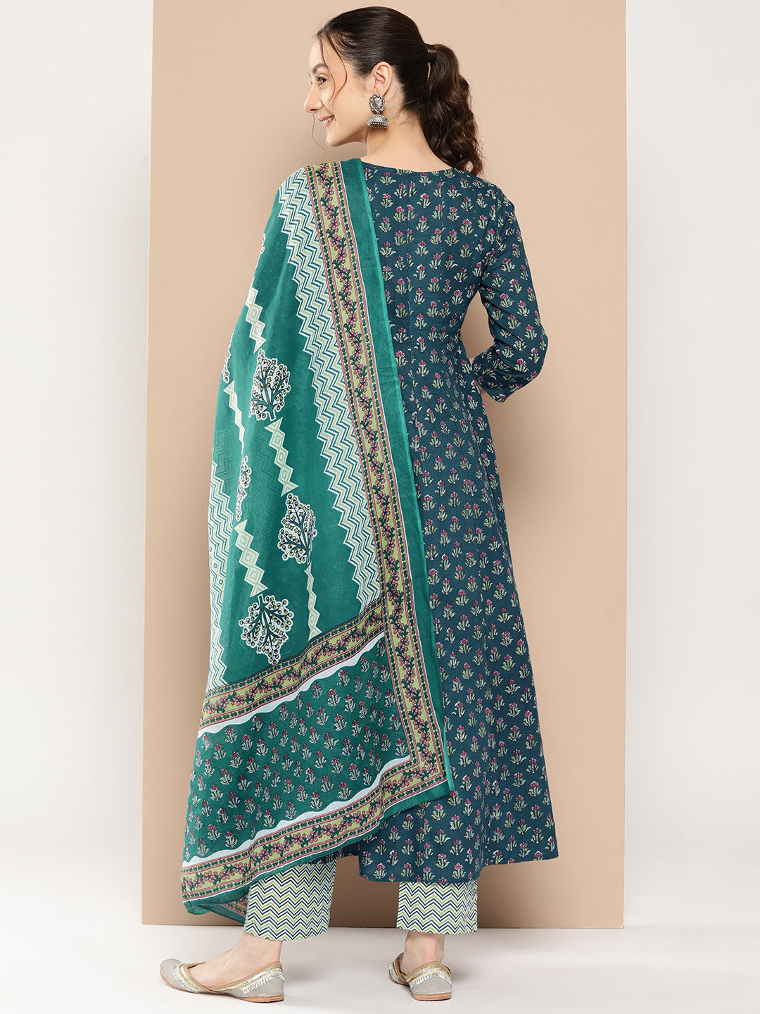 Women's Teal Green Floral Anarkali Kurta Trouser And Dupatta Set