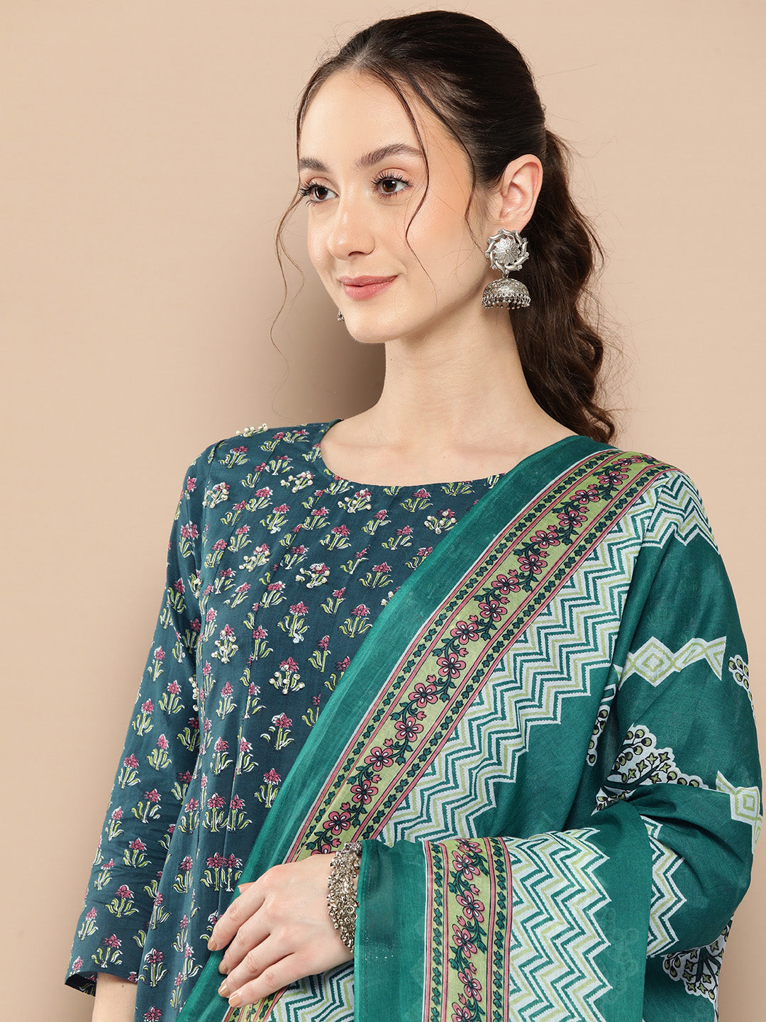 Women's Teal Green Floral Anarkali Kurta Trouser And Dupatta Set