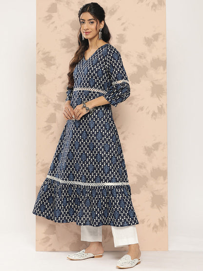 Women's Indigo Blue Lace Insertion And Tier Fit And Flare Dress