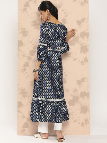 Women's Indigo Blue Lace Insertion And Tier Fit And Flare Dress