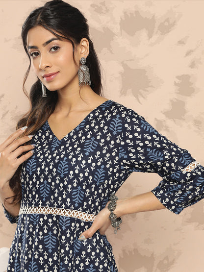 Women's Indigo Blue Lace Insertion And Tier Fit And Flare Dress