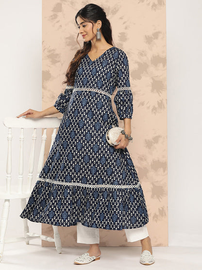 Women's Indigo Blue Lace Insertion And Tier Fit And Flare Dress