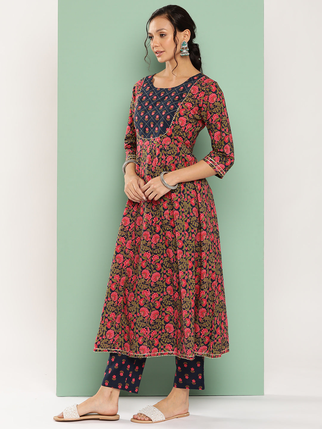 Women's Blue Floral Anarkali Kurta Trouser And Dupatta Set