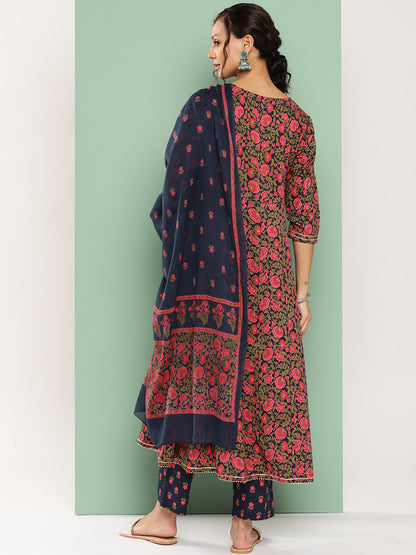Women's Blue Floral Anarkali Kurta Trouser And Dupatta Set