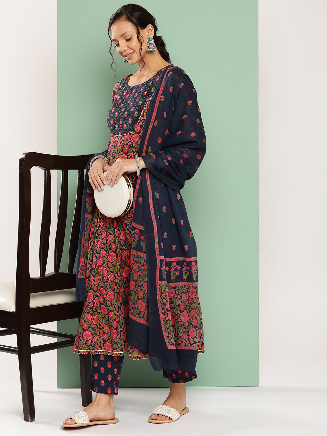 Women's Blue Floral Anarkali Kurta Trouser And Dupatta Set