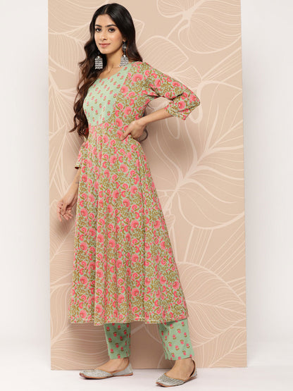 Women's Sea Green Floral Anarkali Kurta Trouser And Dupatta Set