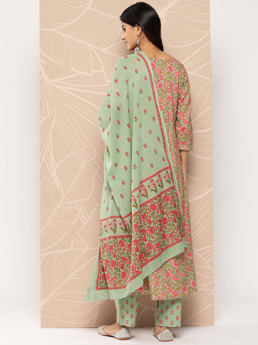 Women's Sea Green Floral Anarkali Kurta Trouser And Dupatta Set