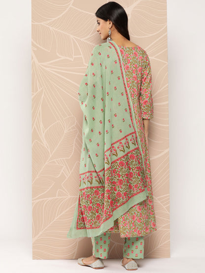 Women's Sea Green Floral Anarkali Kurta Trouser And Dupatta Set