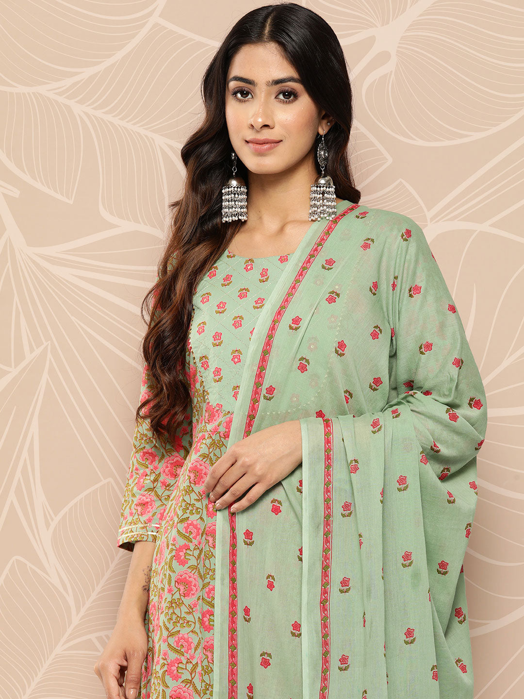 Women's Sea Green Floral Anarkali Kurta Trouser And Dupatta Set