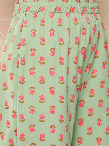 Women's Sea Green Floral Anarkali Kurta Trouser And Dupatta Set