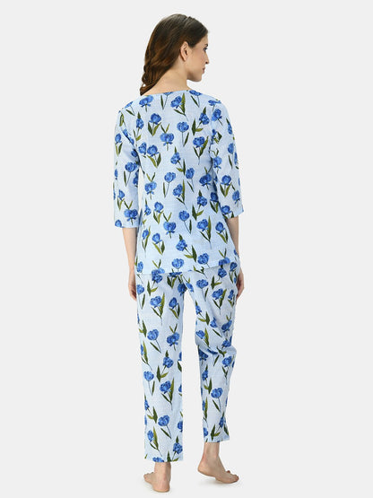 Women's BLue Cotton Printed Half Sleeve V Neck Casual Night Suit