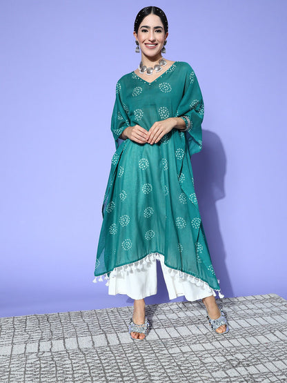 Women's Teal Green Bandhani Kaftan Kurta
