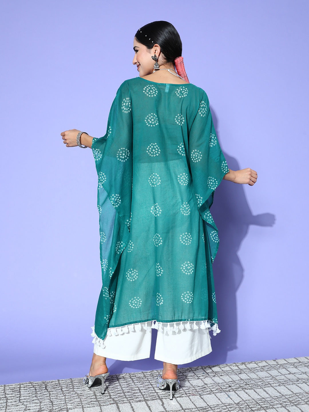 Women's Teal Green Bandhani Kaftan Kurta