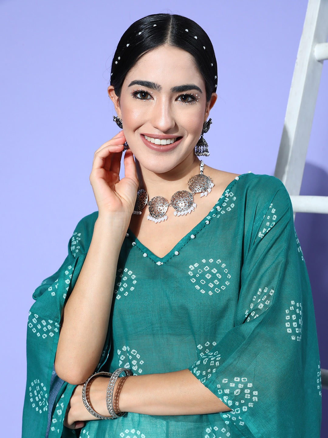 Women's Teal Green Bandhani Kaftan Kurta