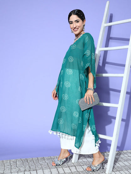 Women's Teal Green Bandhani Kaftan Kurta