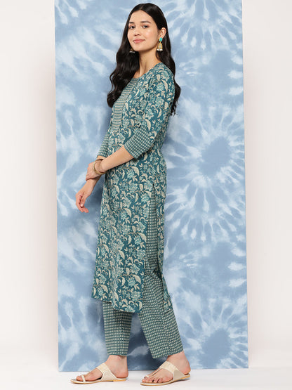 Women's Teal Blue Floral Straight Kurta Trouser And Dupatta Set