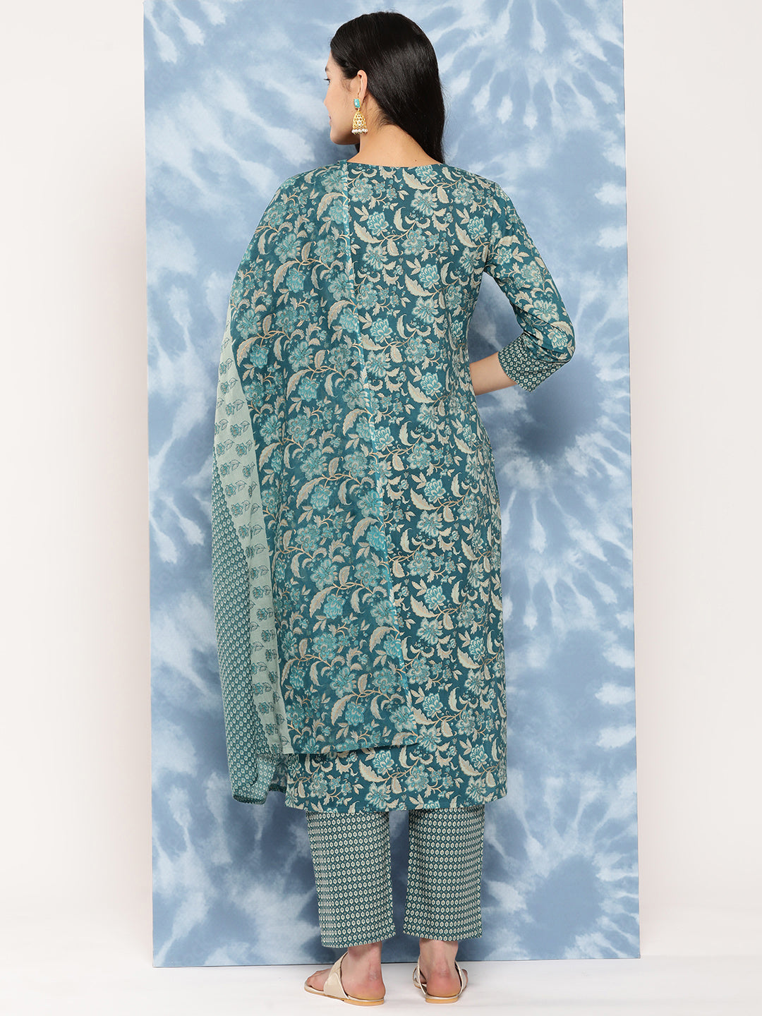 Women's Teal Blue Floral Straight Kurta Trouser And Dupatta Set