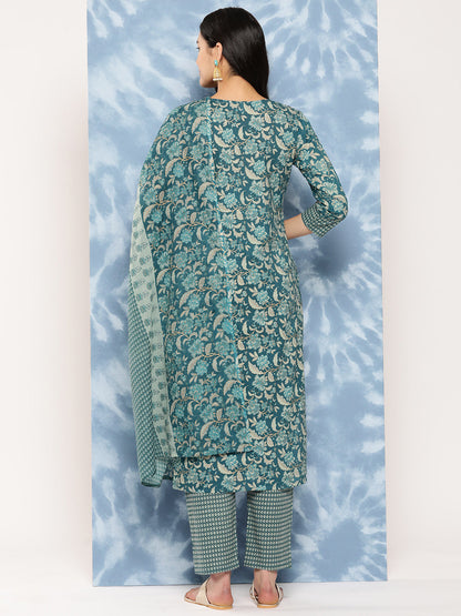 Women's Teal Blue Floral Straight Kurta Trouser And Dupatta Set