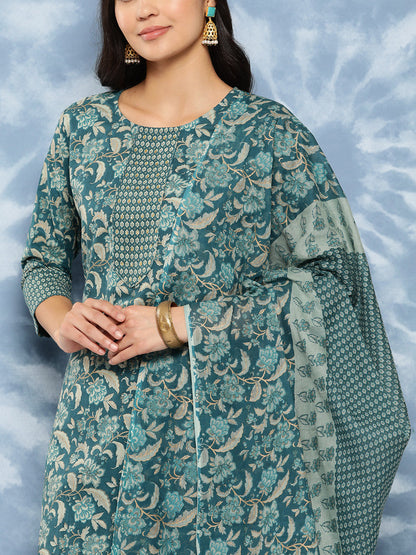 Women's Teal Blue Floral Straight Kurta Trouser And Dupatta Set