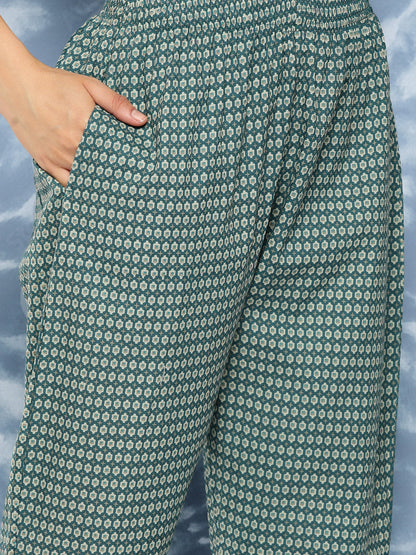 Women's Teal Blue Floral Straight Kurta Trouser And Dupatta Set