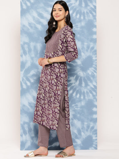 Women's Purple Floral Straight Kurta Trouser And Dupatta Set