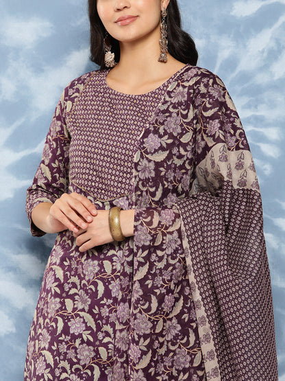 Women's Purple Floral Straight Kurta Trouser And Dupatta Set