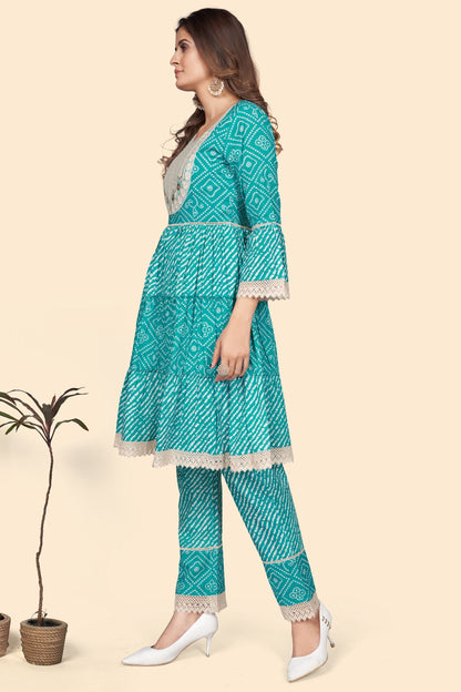 Women's Bandhani Print & Embroidered Flared Cotton Sky Blue Stitched Top With Pant