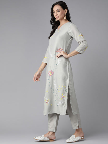 Women's Grey Embroidered Straight Kurta Trouser And Dupatta Set