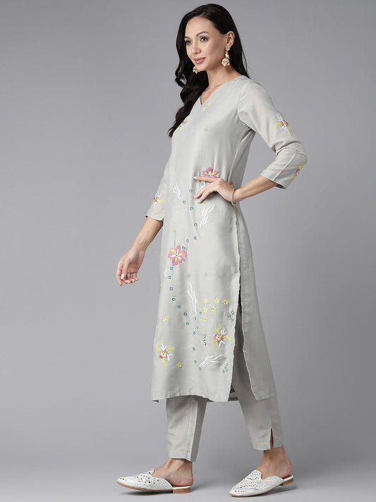 Women's Grey Embroidered Straight Kurta Trouser And Dupatta Set
