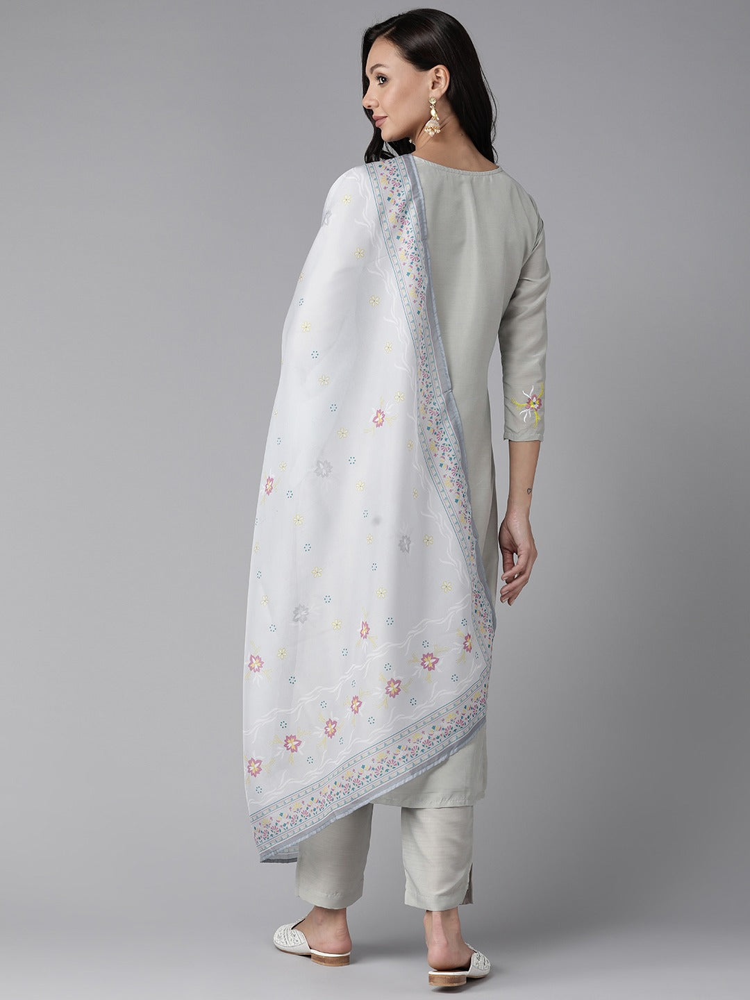 Women's Grey Embroidered Straight Kurta Trouser And Dupatta Set